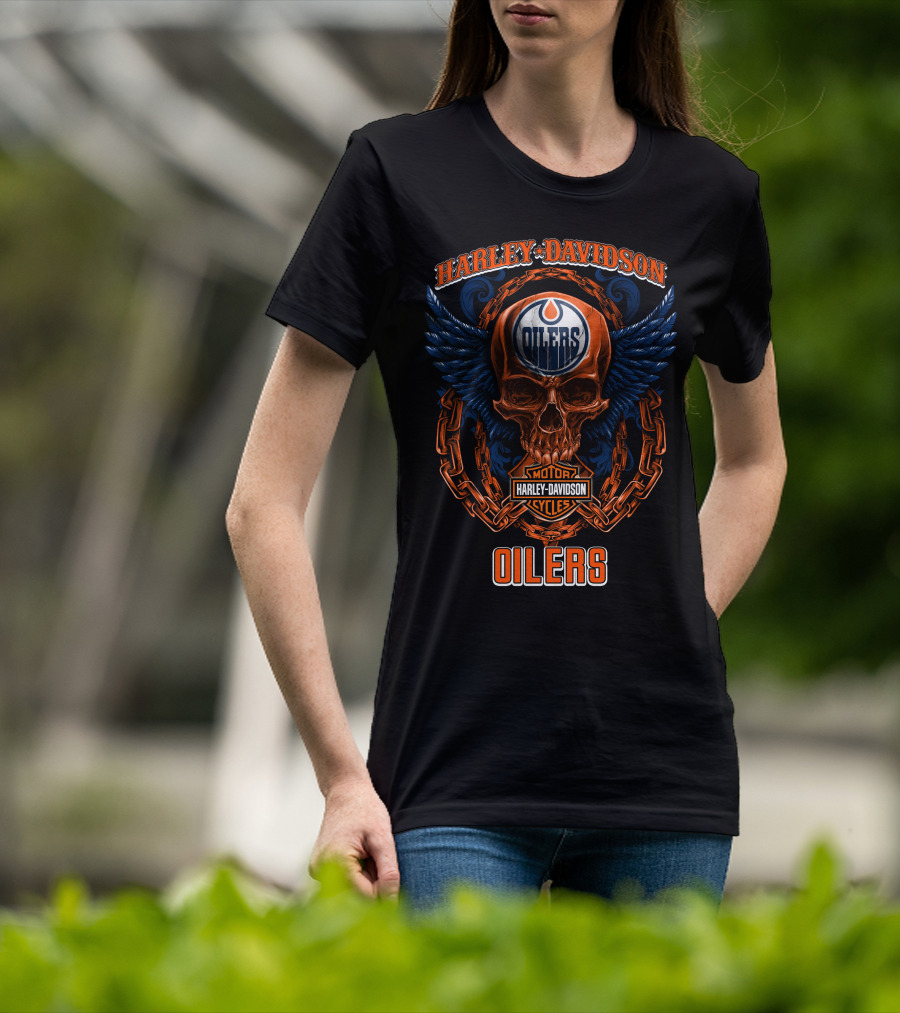 Harley Davidson Nhl Edmonton Oilers Skull And Wings T-Shirt