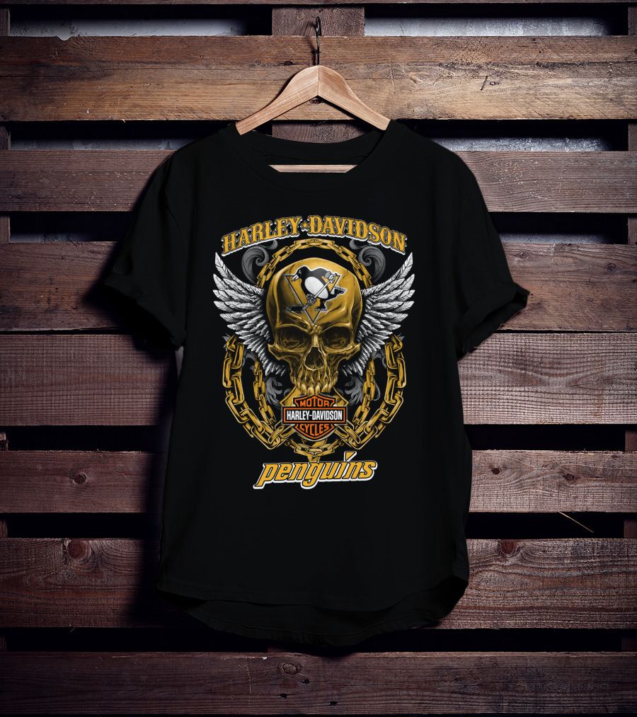 Harley Davidson Pittsburgh Penguins Nhl Skull Wings Chain T-Shirt