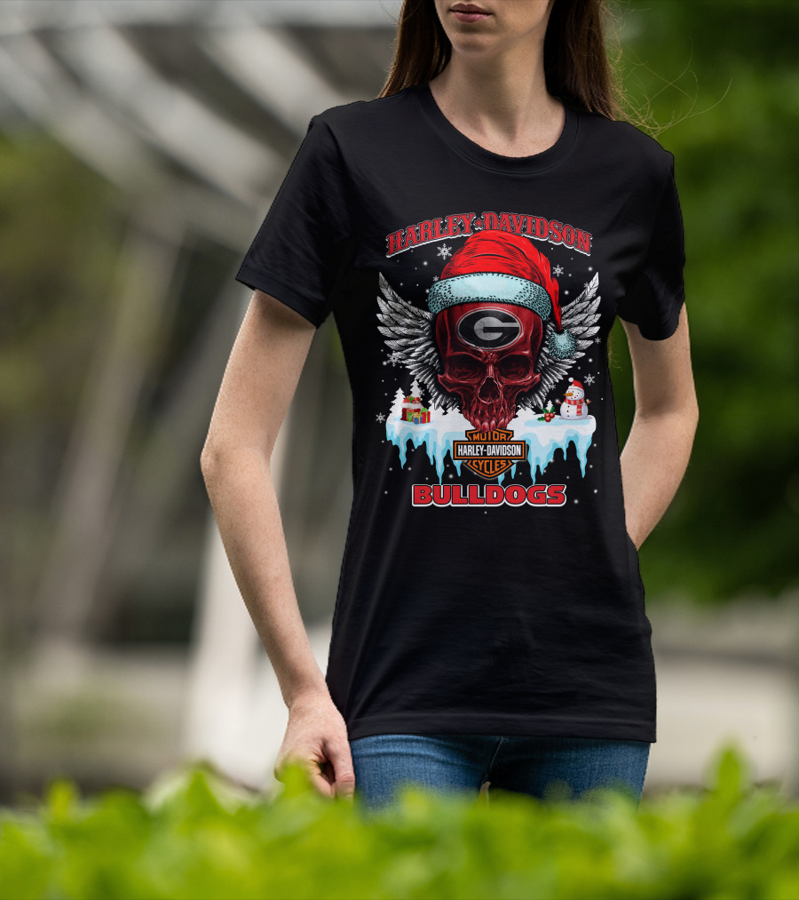Harley Davidson Georgia Bulldogs Christmas Skull With Santa Hat T-Shirt