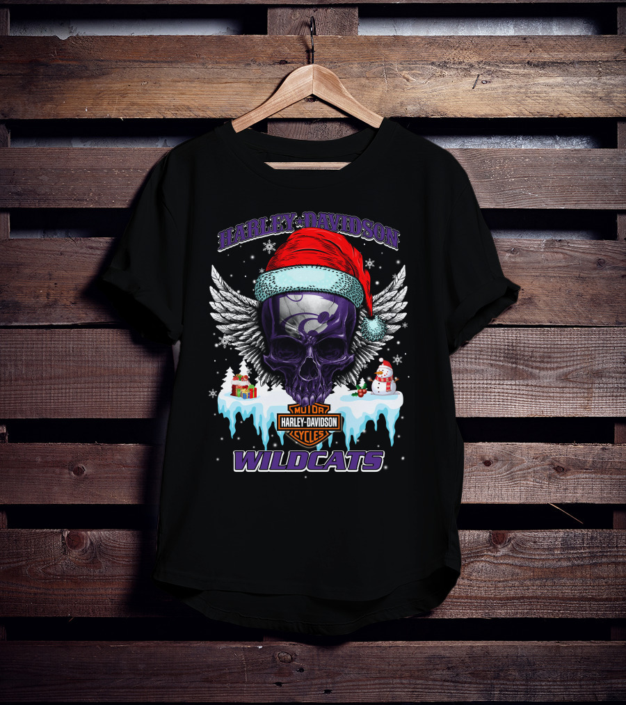 Harley Davidson Kansas State Wildcats Christmas Skull Wings T-Shirt