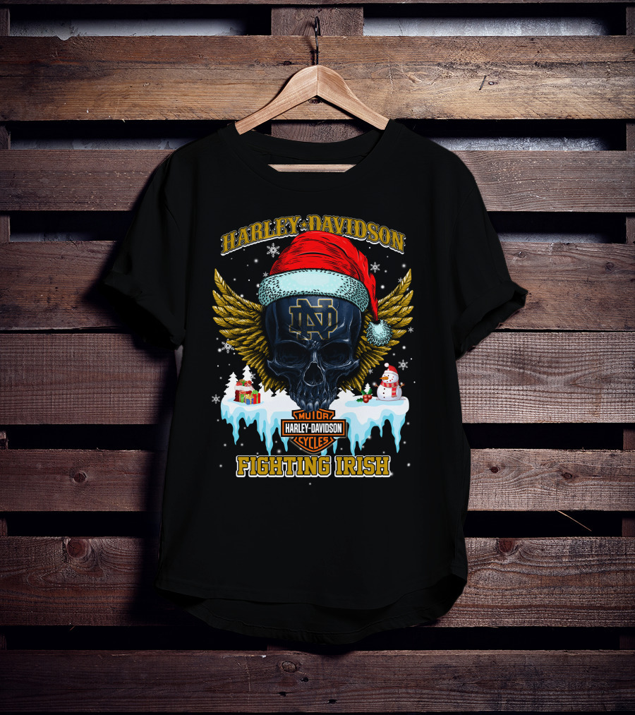 Harley Davidson Notre Dame Fighting Irish Santa Skull T-Shirt