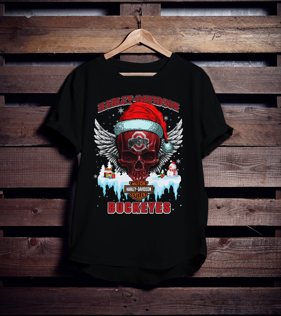Harley Davidson Ohio State Buckeyes Motorcycles Cycles Santa Skull Wings Snowman T-Shirt
