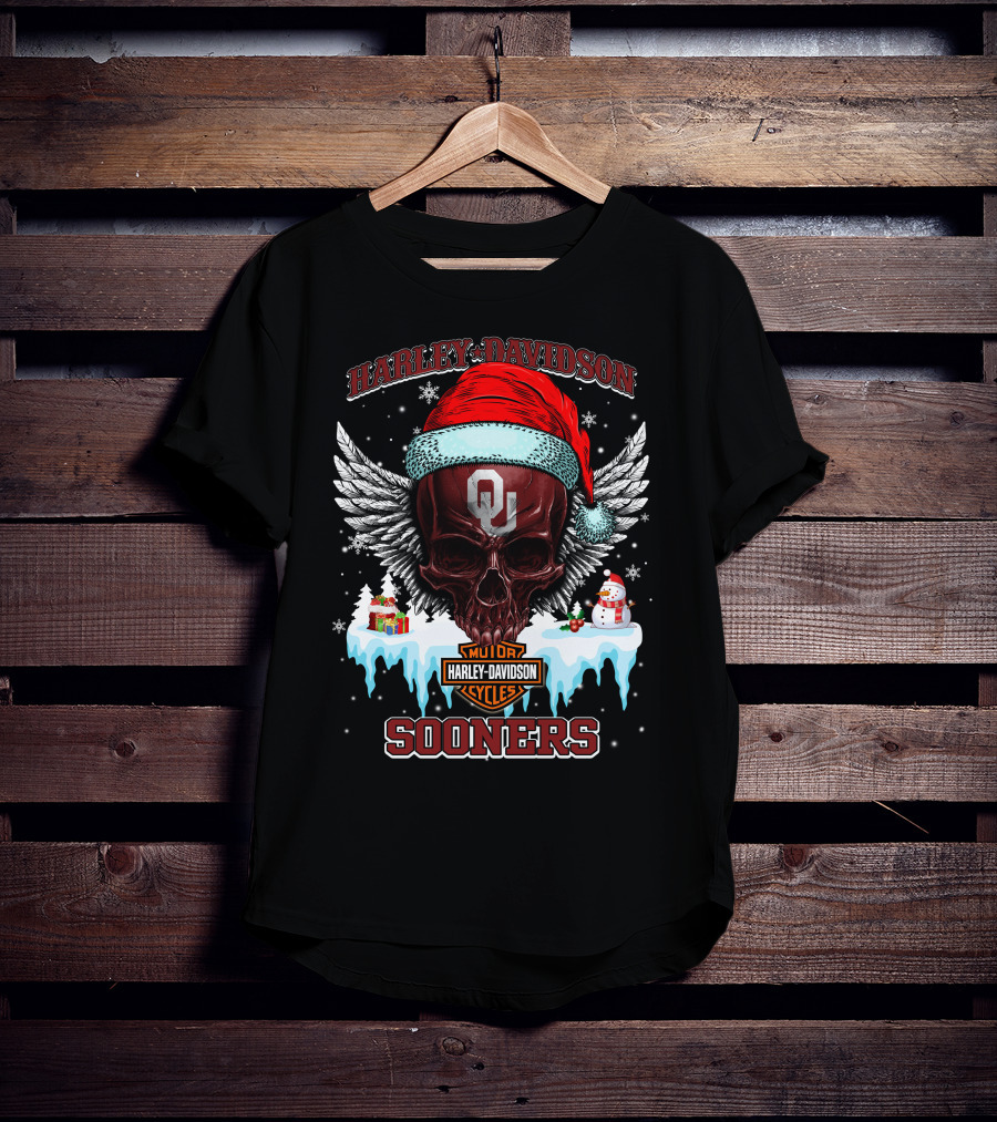 Harley Davidson Oklahoma Sooners Christmas Skull Wings T-Shirt