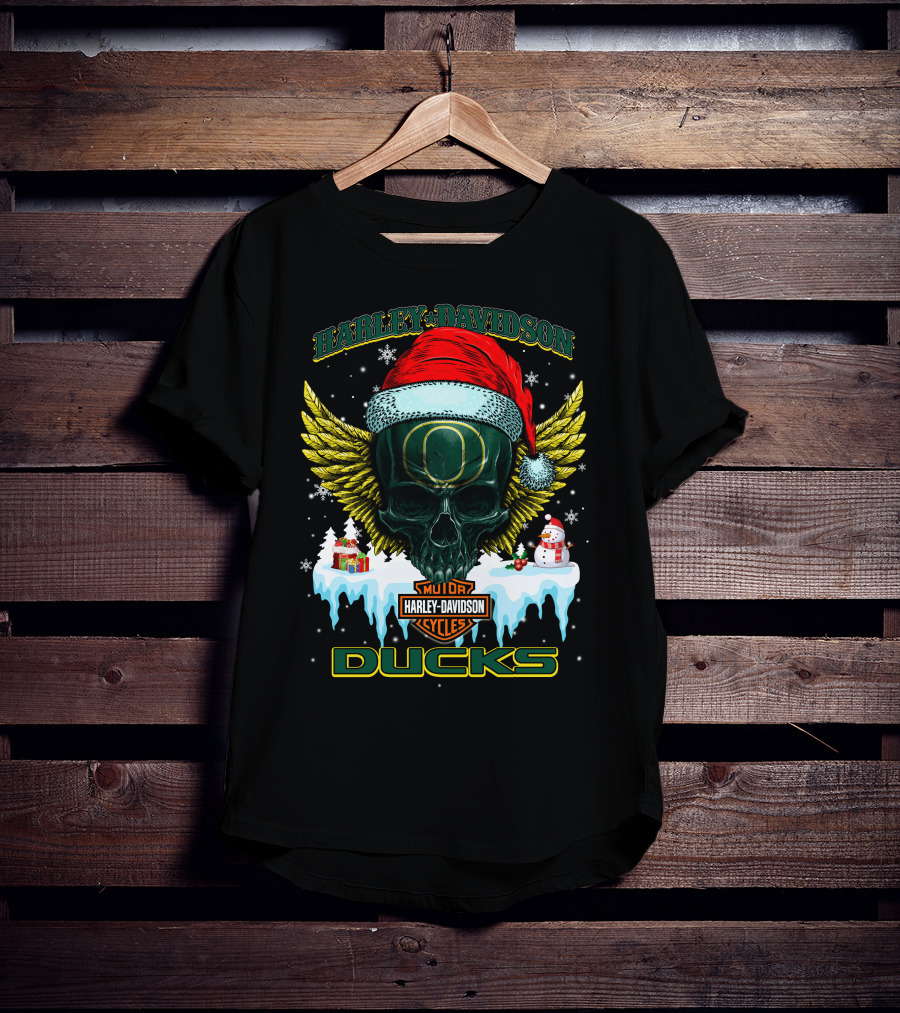 Harley Davidson Oregon Ducks Santa Skull Snowman Holiday T-Shirt