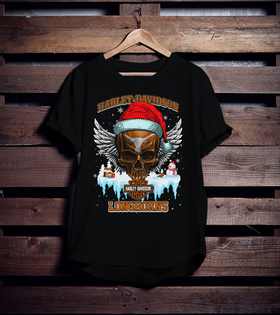 Harley Davidson Motor Cycles Longhorns Santa Skull Wings T-Shirt