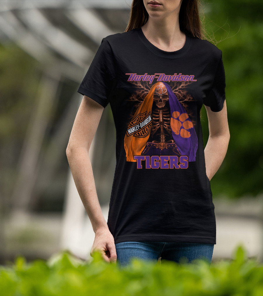 Harley Davidson Clemson Tigers Motorcycle Skeleton T-Shirt