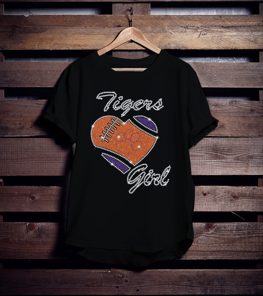 Tigers Girl Heart Football Clemson Paw T-Shirt