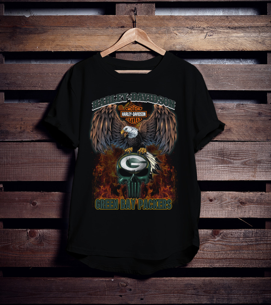Harley Davidson Green Bay Packers Eagle And Flaming Skull T-Shirt