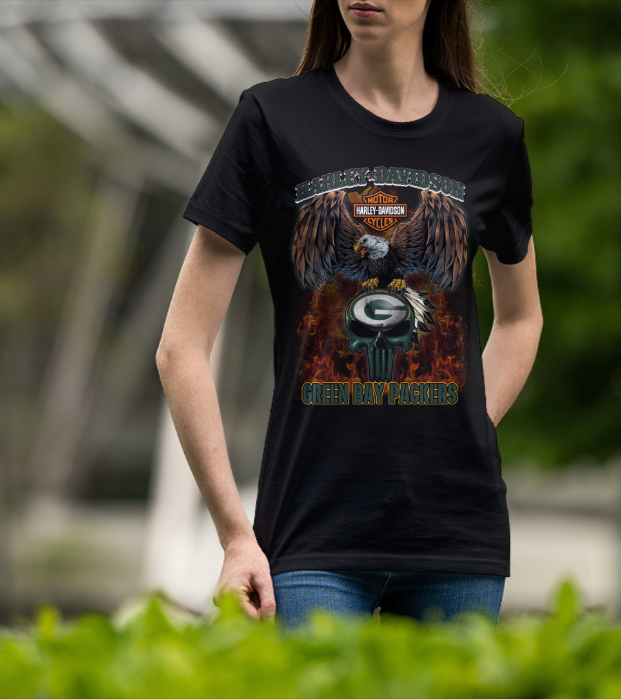 Harley Davidson Green Bay Packers Eagle And Flaming Skull T-Shirt