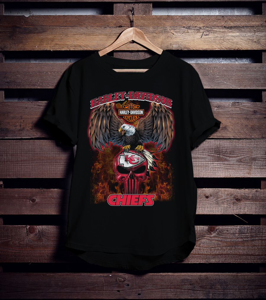 Harley Davidson Motor Cycles Kansas City Chiefs Eagle Skull Flames T-Shirt