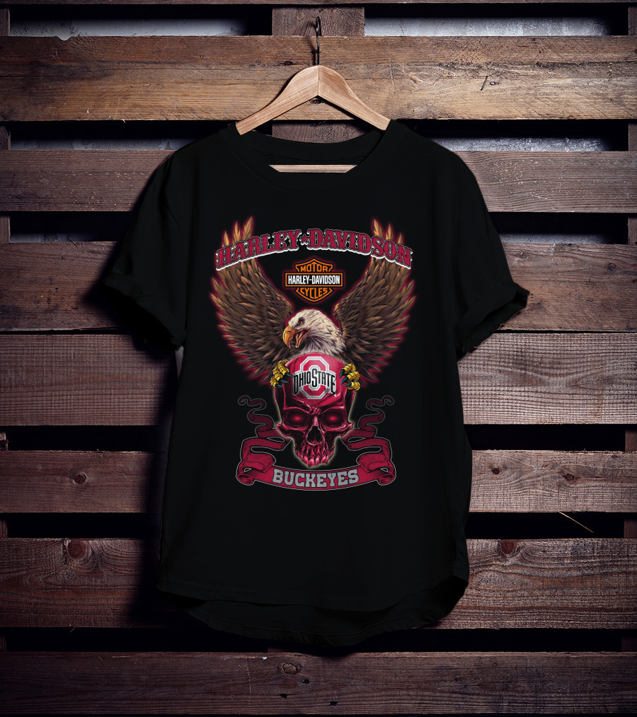 Ohio State Buckeyes Harley Davidson Cycles Eagle Skull T-Shirt
