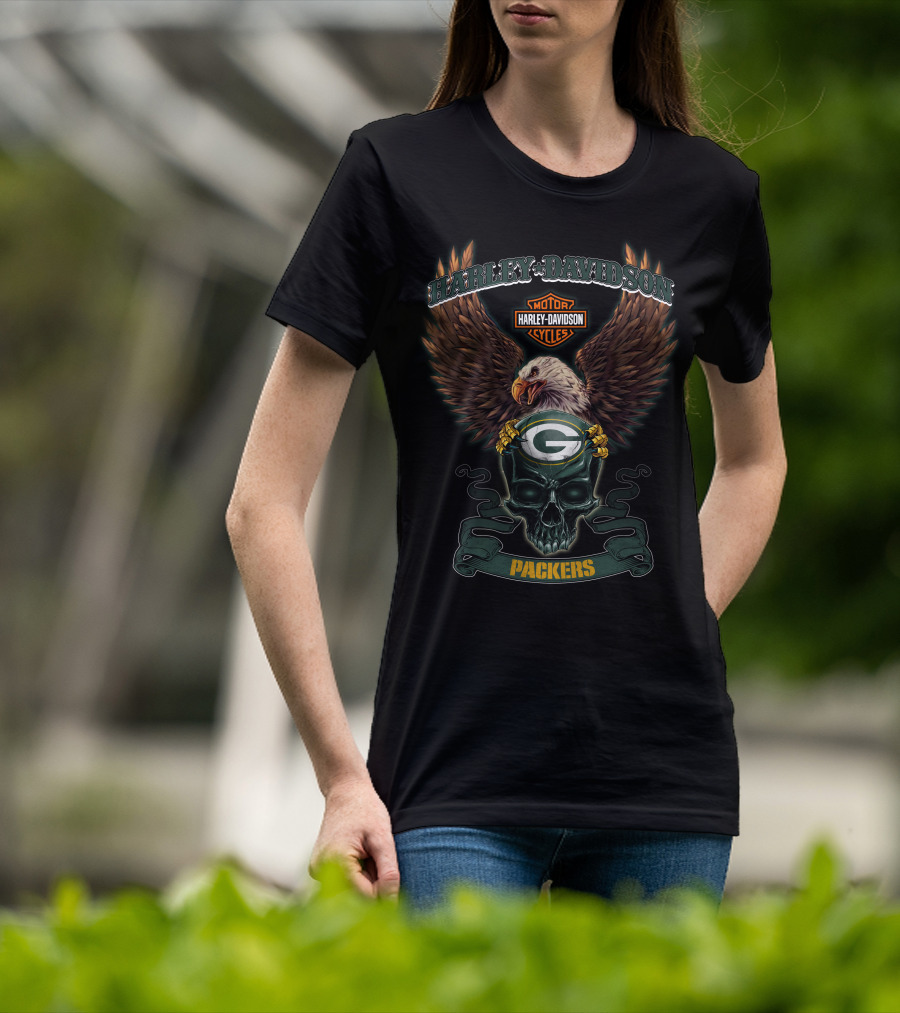 Harley Davidson Green Bay Packers Eagle Skull Motor Cycles T-Shirt
