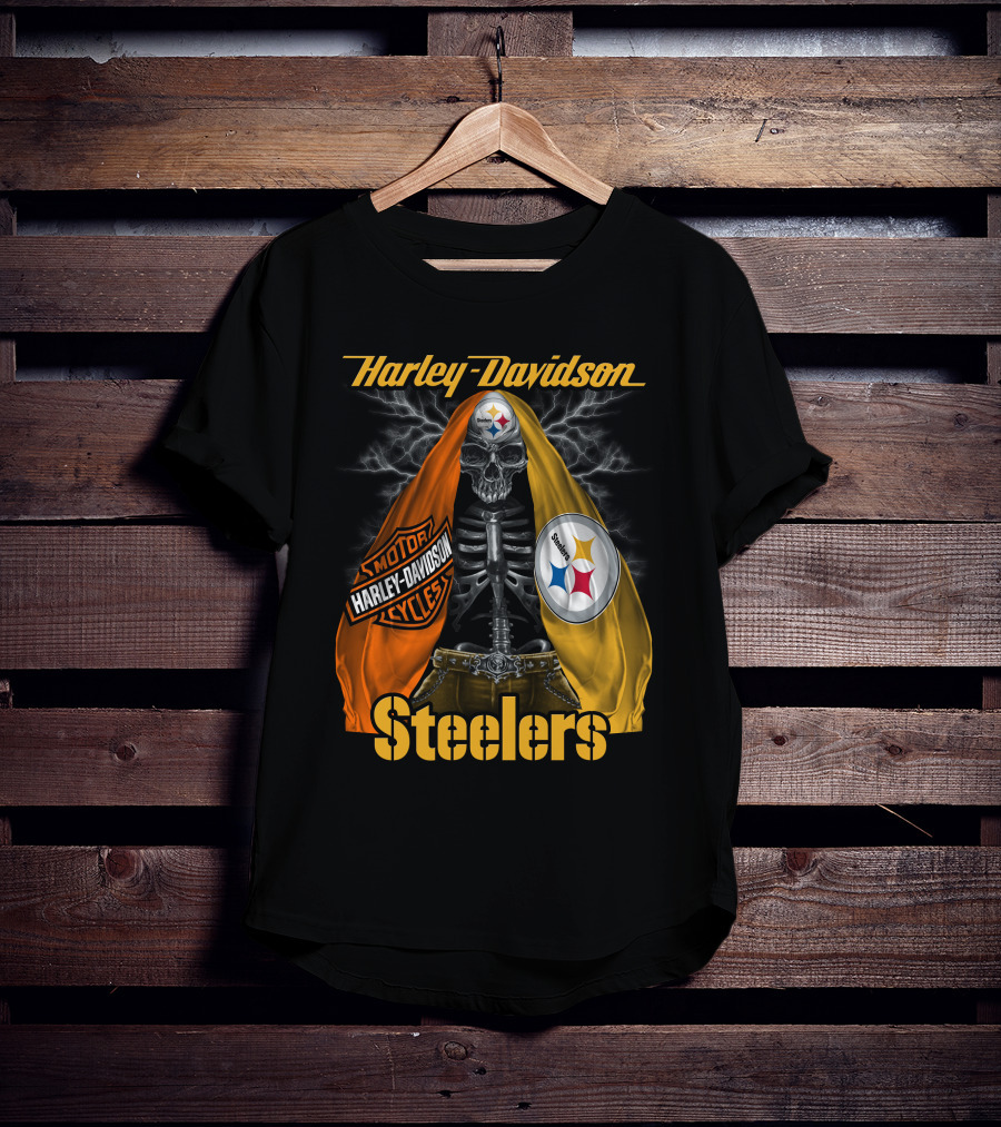 Harley Davidson Steelers Motorcycles Skull With Lightning T-Shirt