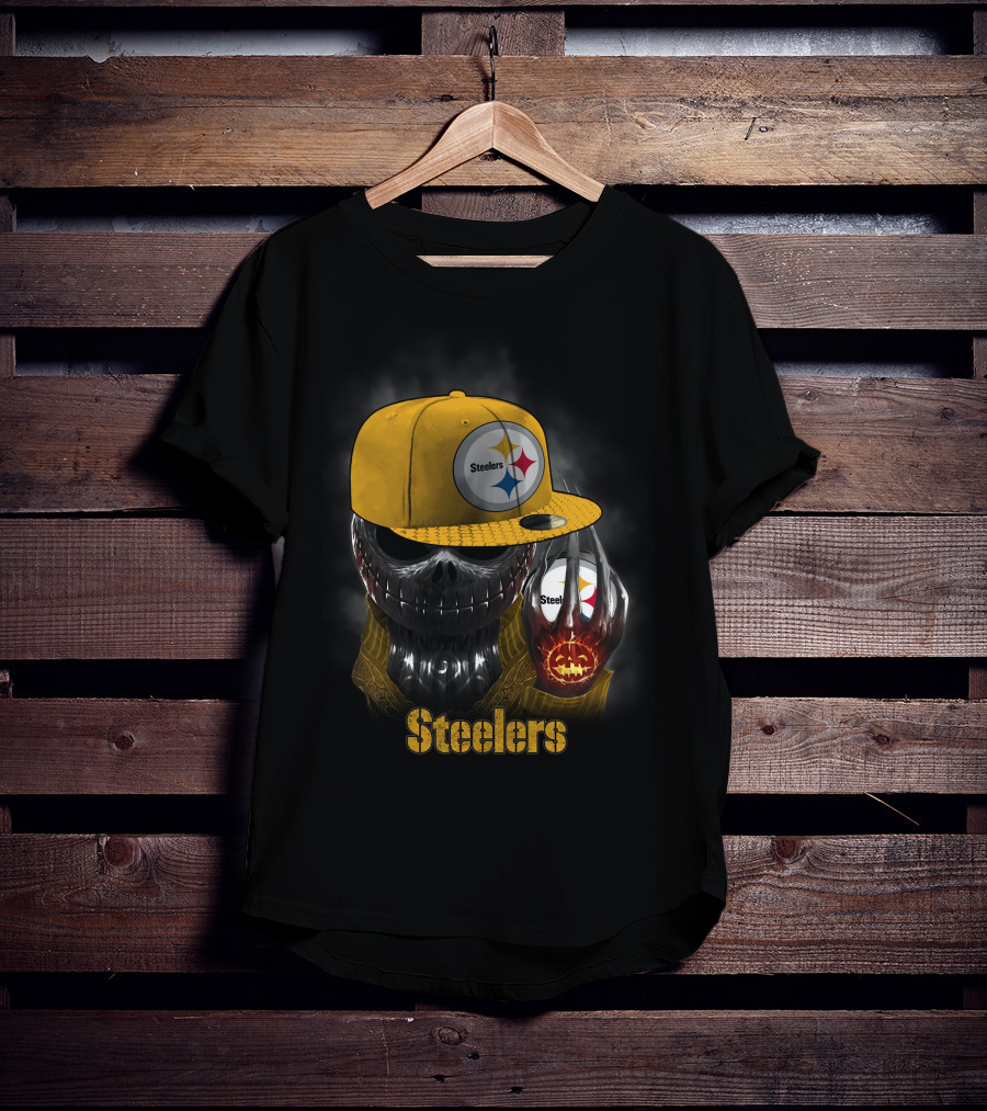 Steelers Skull With Yellow Cap And Pumpkin-Hand T-Shirt