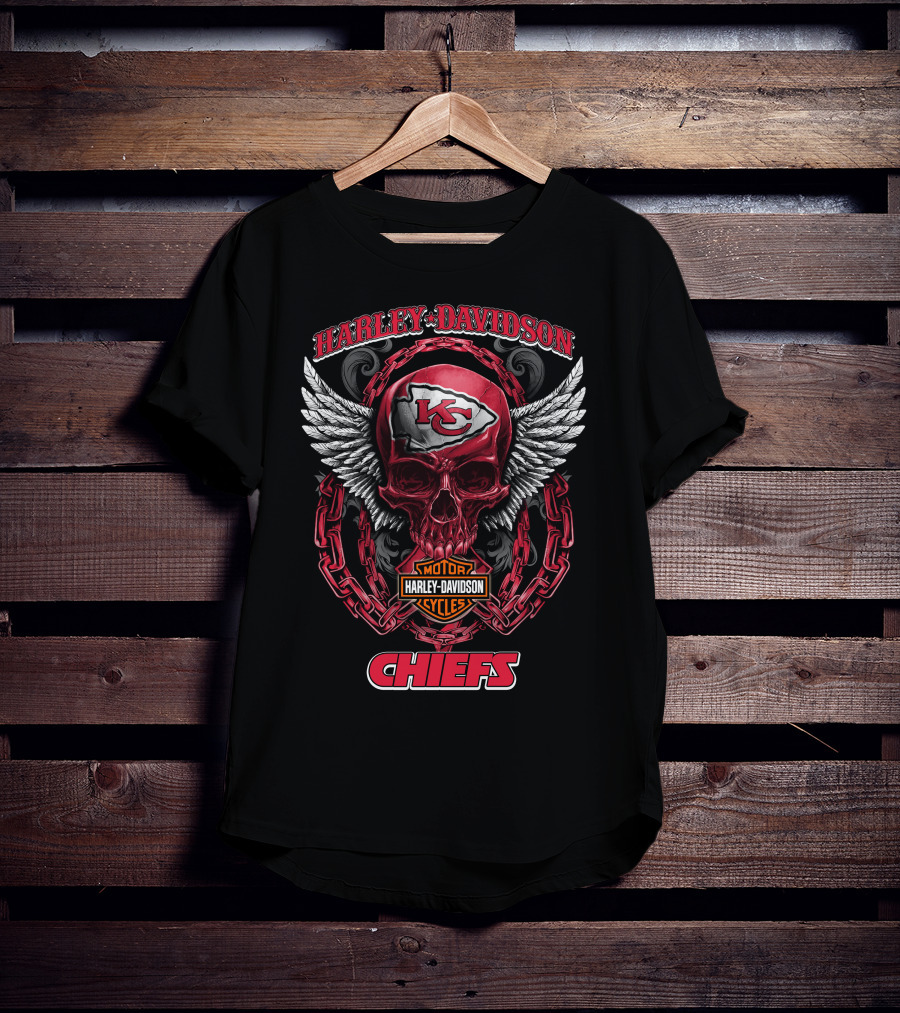 Harley Davidson Kansas City Chiefs Nfl Motorcycles 04 Chiefs Logo Skull Wings T-Shirt