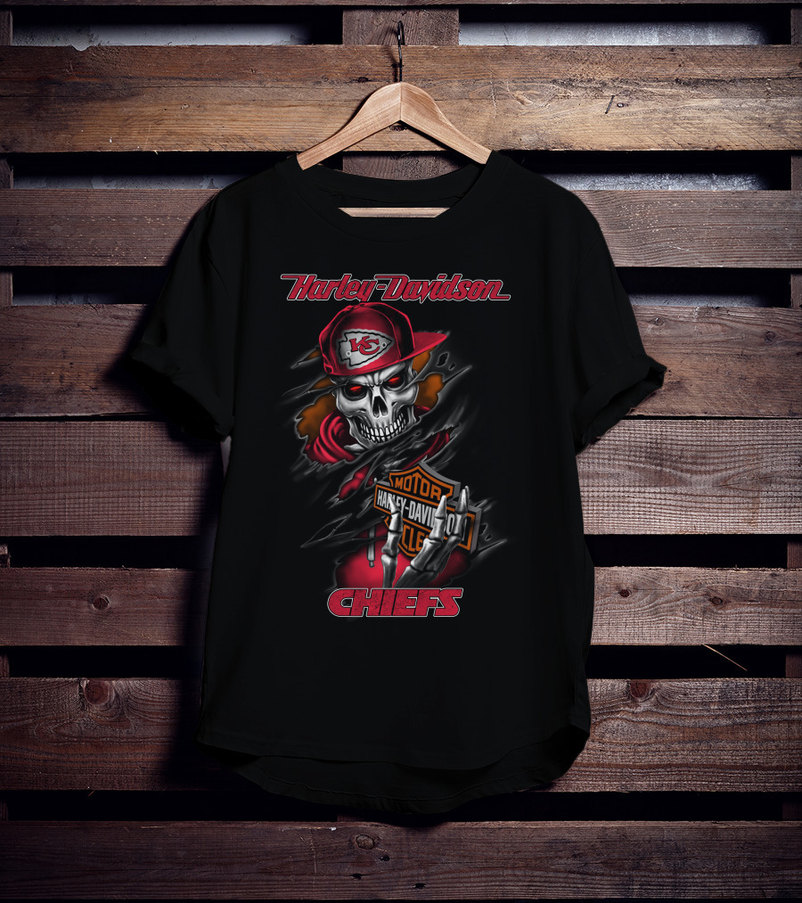 Harley Davidson Kansas City Chiefs Skull With Kc Cap And Motorcycle T-Shirt
