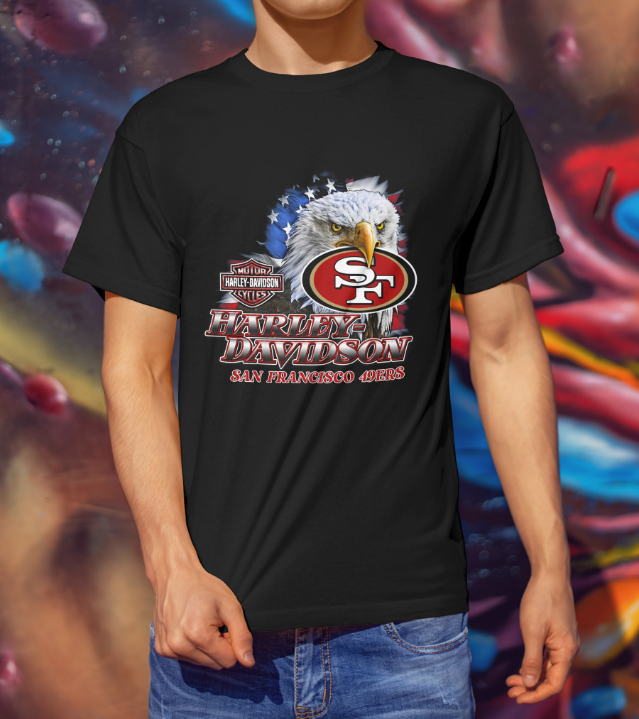 Harley Davidson San Francisco 49ers Nfl Eagles Logo With American Flag T-Shirt