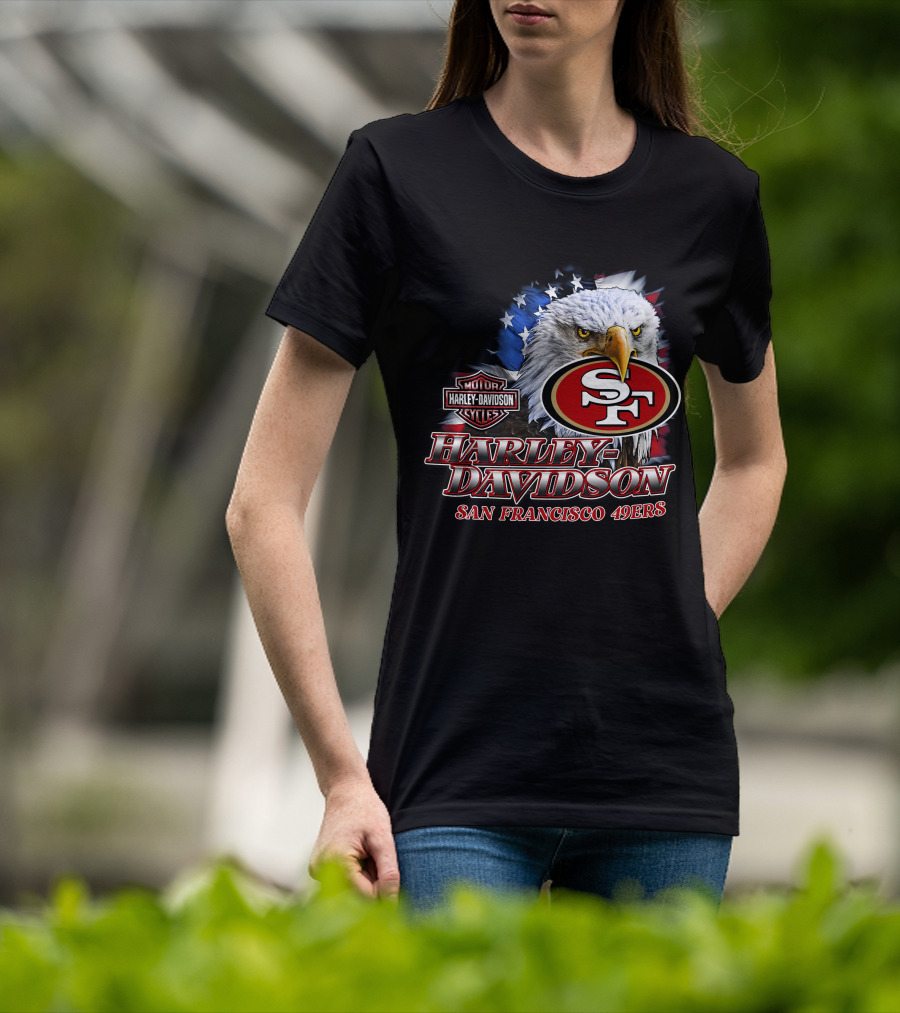 Harley Davidson San Francisco 49ers Nfl Eagles Logo With American Flag T-Shirt