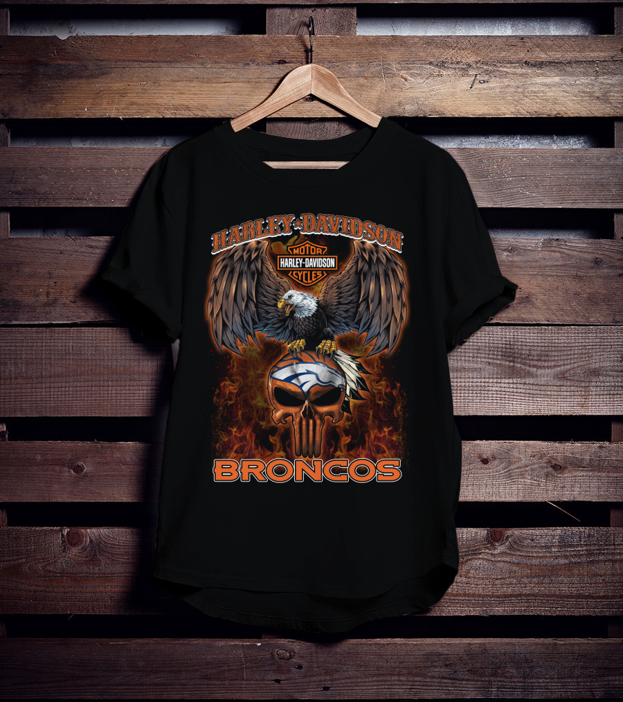 Harley Davidson Motor Cycles Eagle Broncos Nfl T-Shirt