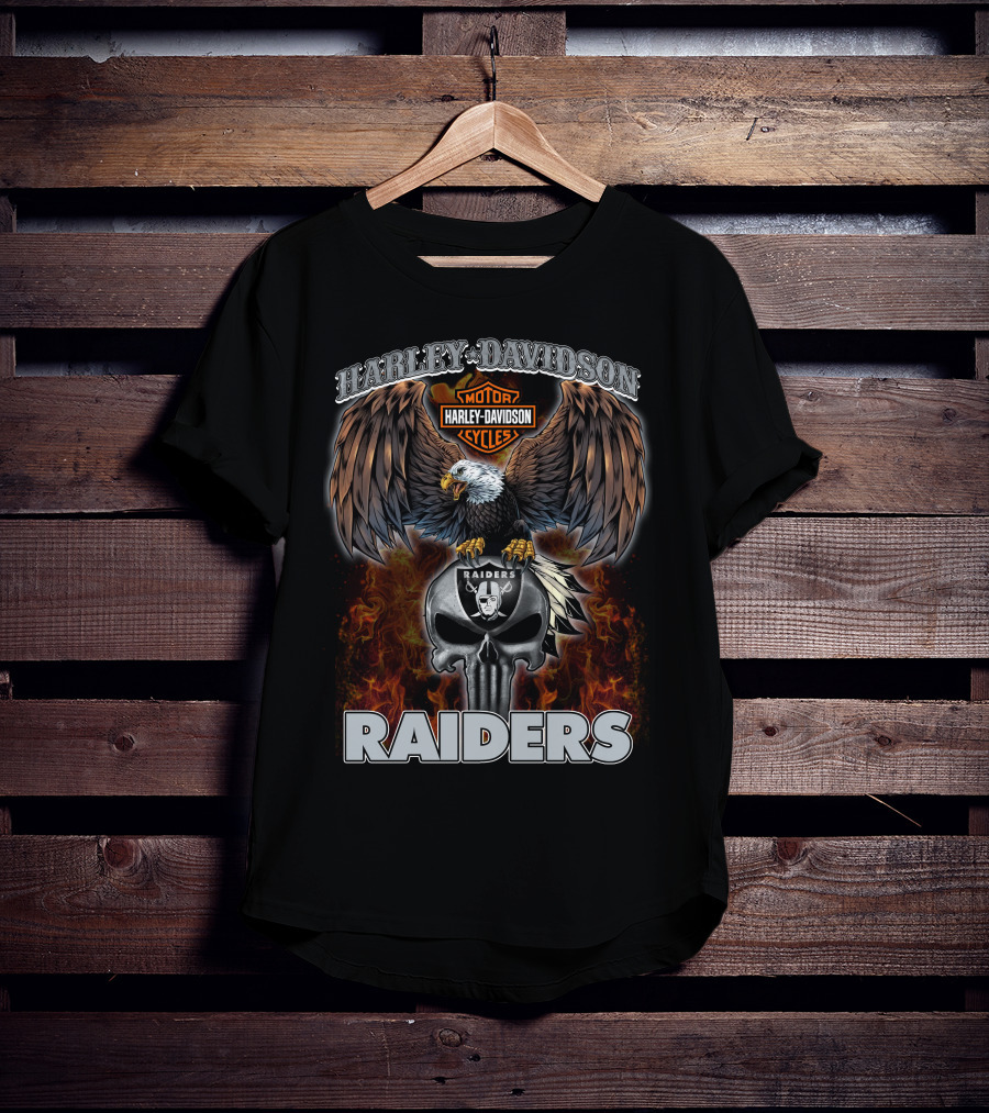 Harley Davidson Motor Cycles Raiders Nfl Eagle Skull Flames T-Shirt