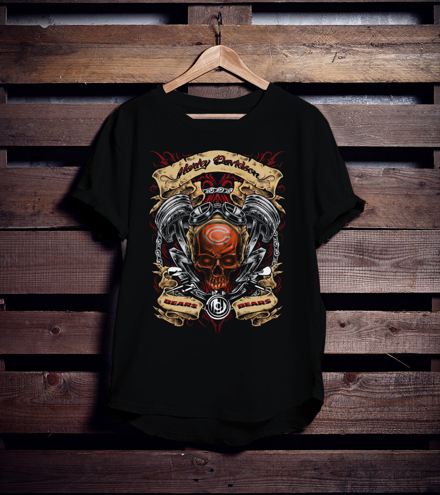 Harley Davidson Chicago Bears Nfl Skull And Pistons T-Shirt