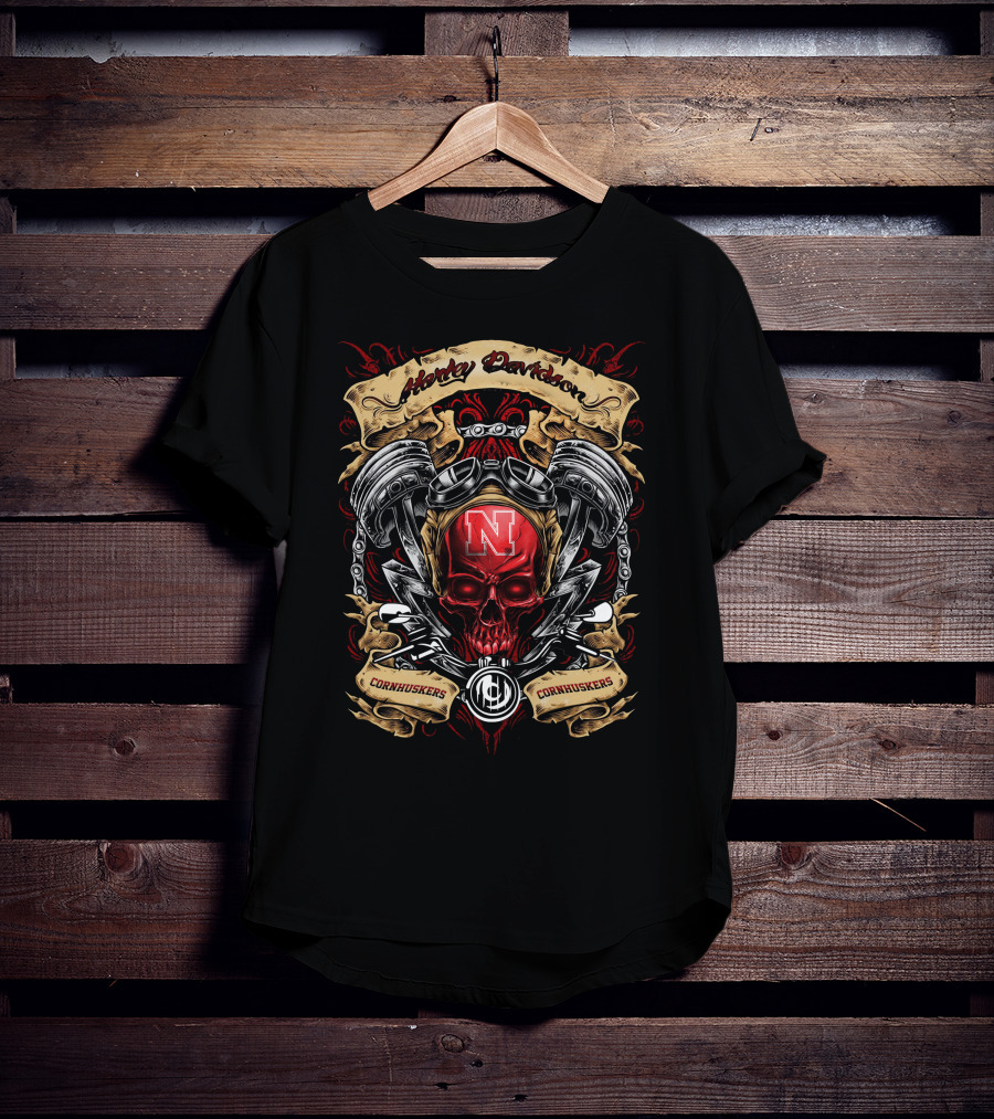 Harley Davidson Nebraska Cornhuskers Ncaa Skull Engine T-Shirt