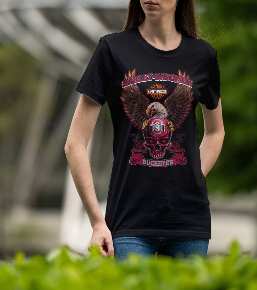 Harley Davidson Motor Cycles Ohio State Buckeyes Eagle Skull T-Shirt