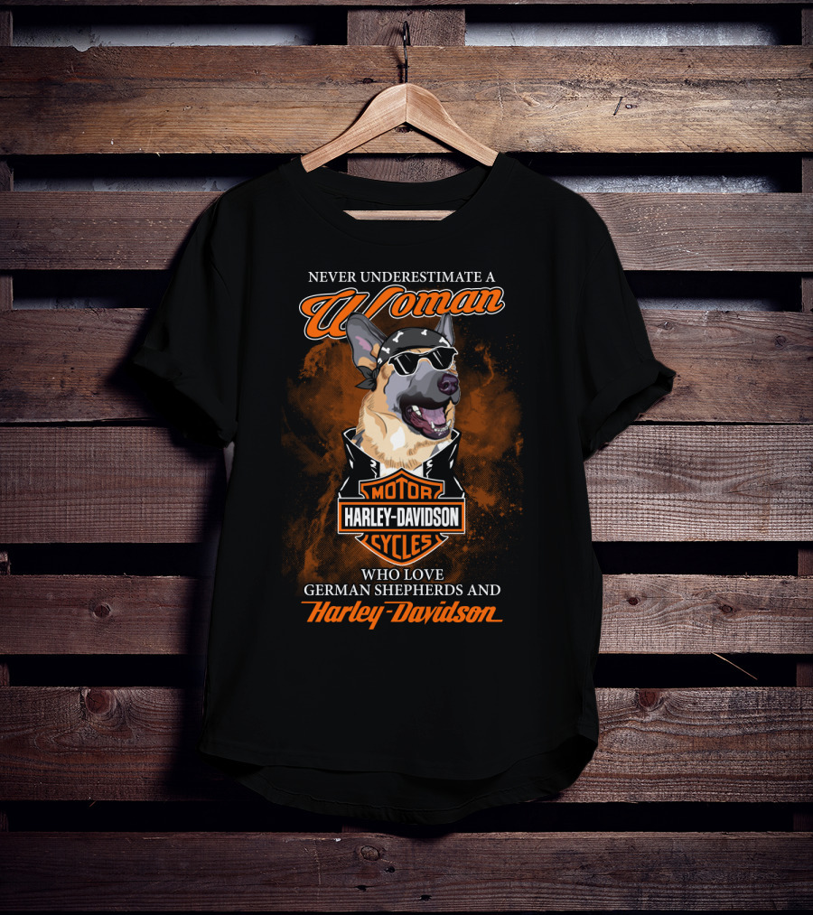 Never Underestimate A Woman Who Love German Shepherds And Harley Davidson Motorcycles T-Shirt