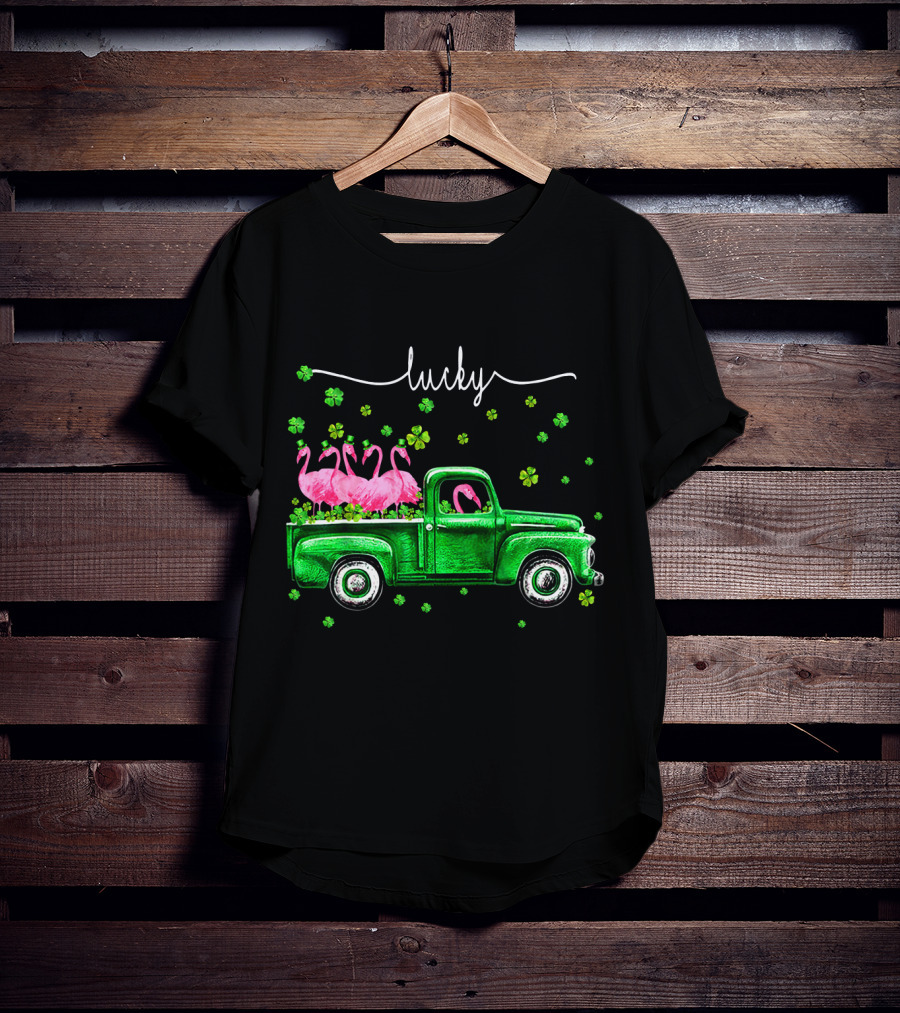 Lucky Flamingo Green Truck With Shamrocks T-Shirt