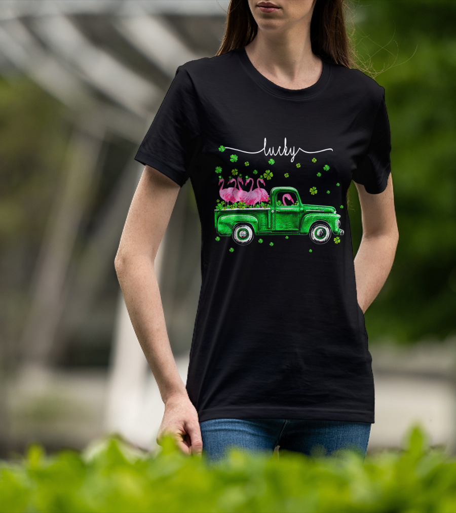 Lucky Flamingo Green Truck With Shamrocks T-Shirt