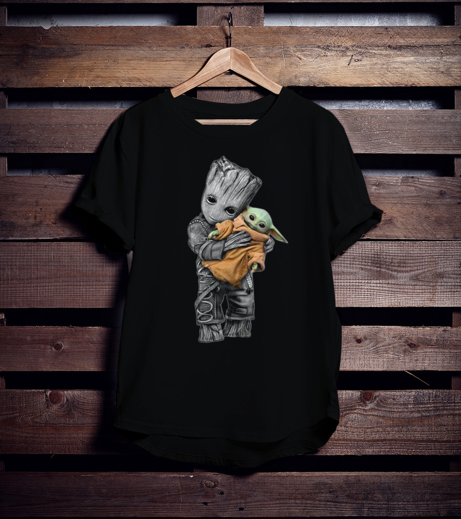 Baby Yoda And Groot Hugging Crossover Characters T-Shirt