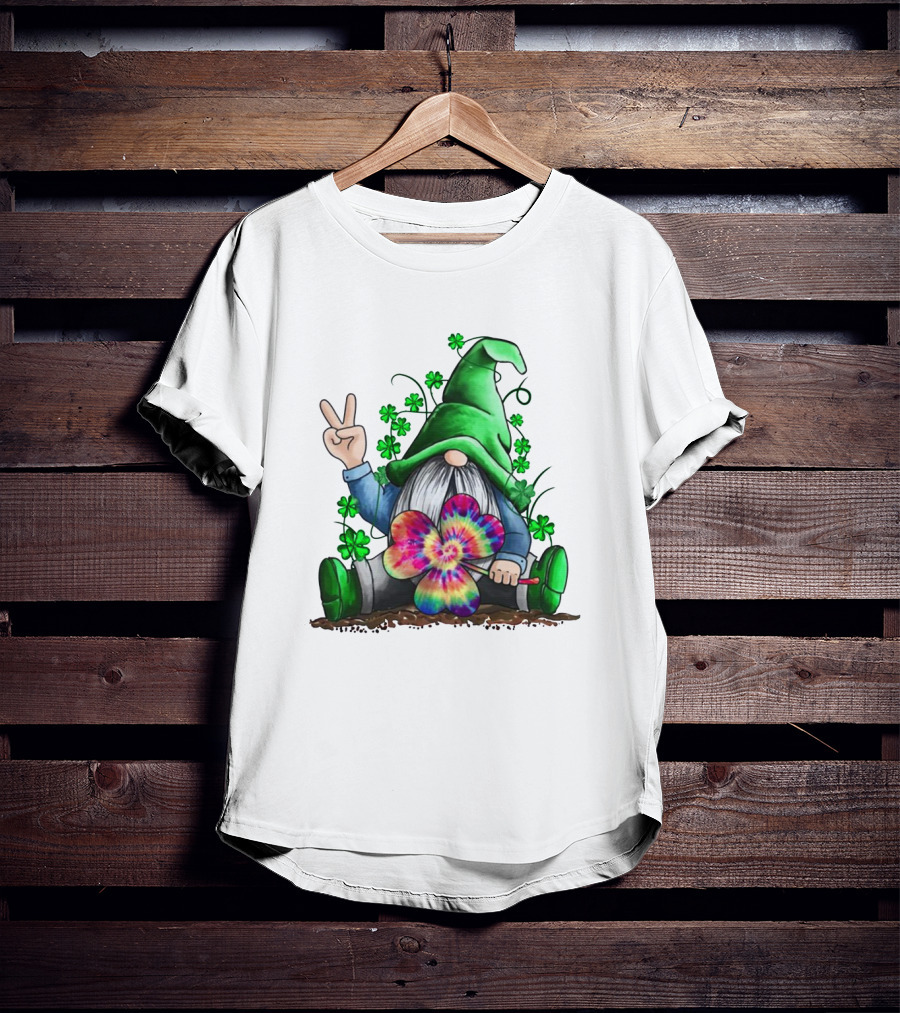 Shamrock Hippie Gnome Peace Sign Tie-Dye Clover Saint Patrick's Day T-Shirt