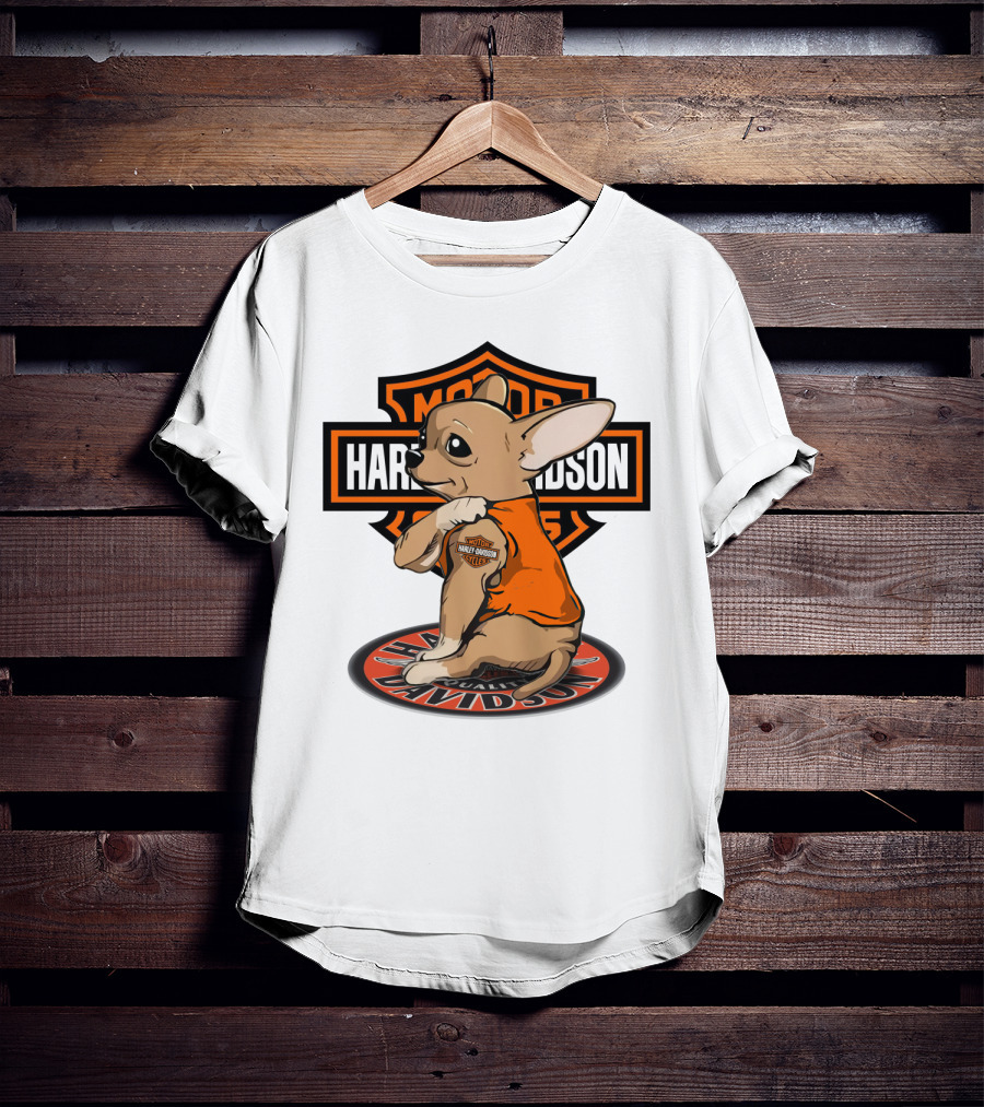 Harley Davidson Chihuahua With Orange Jacket And Motor T-Shirt