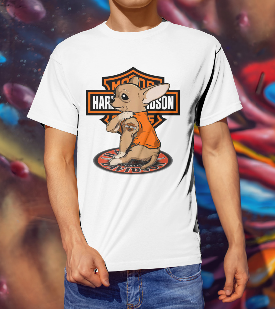 Harley Davidson Chihuahua With Orange Jacket And Motor T-Shirt