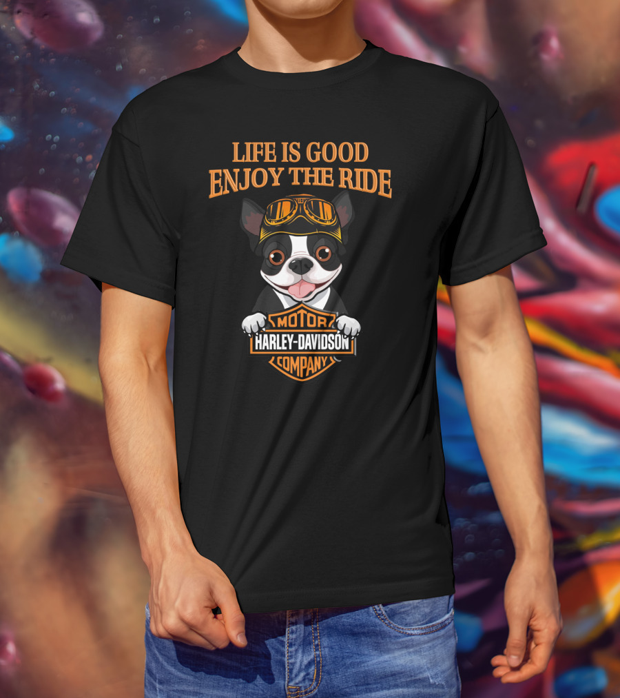 Life Is Good Enjoy The Ride Harley Davidson Boston Terrier T-Shirt