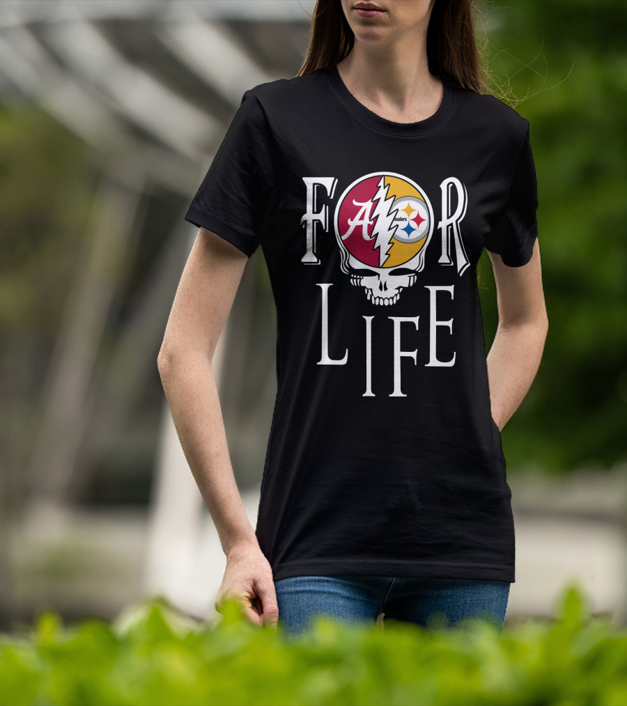 For Life Alabama Crimson Tide Steelers Grateful Dead Skull T-Shirt