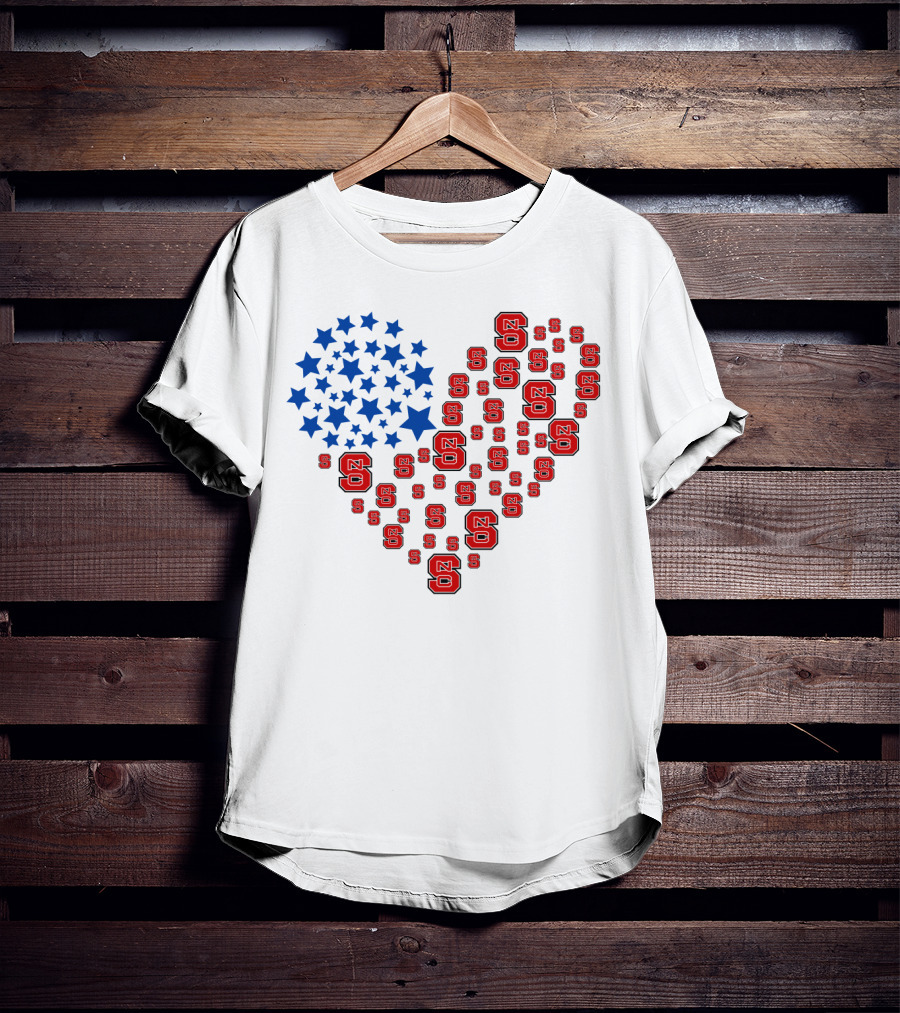 Nc State Heart Flag Blue Stars Red Logos T-Shirt