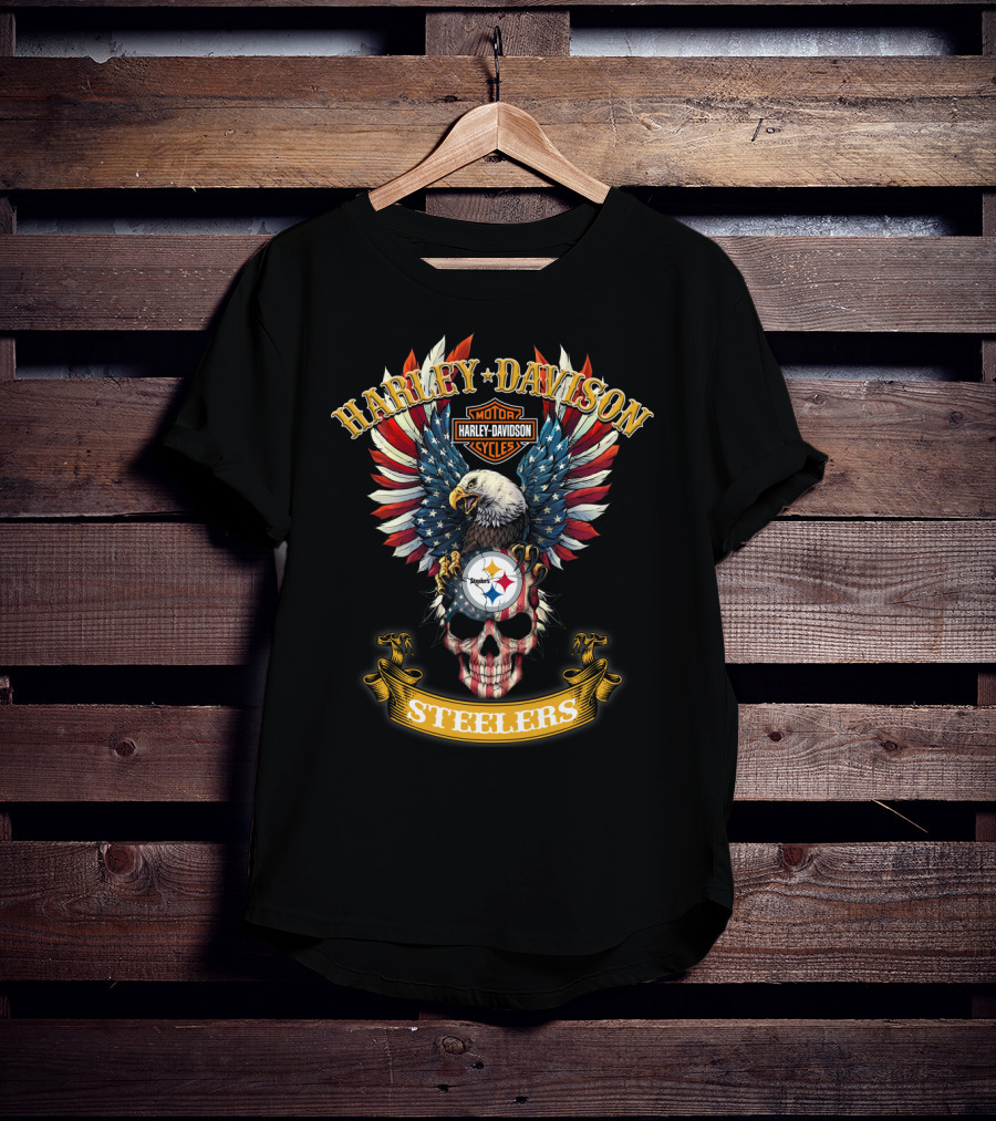 Harley Davidson Pittsburgh Steelers Motorcycle Cycles American Eagle Skull T-Shirt