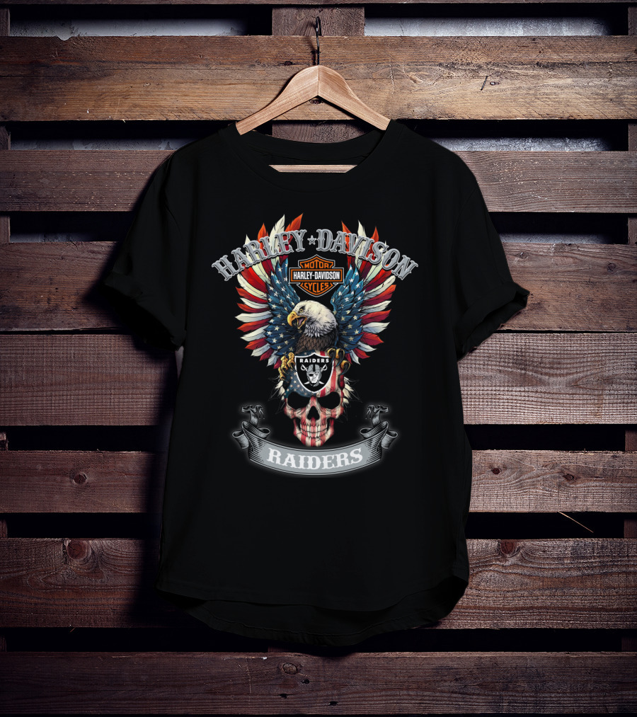 Harley Davidson Motor Cycles Raiders Eagle Skull American Flag T-Shirt