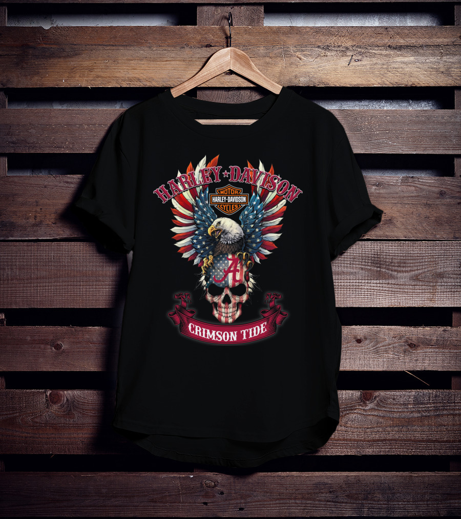 Harley Davidson Crimson Tide Alabama Skull Eagle Usa Flag T-Shirt
