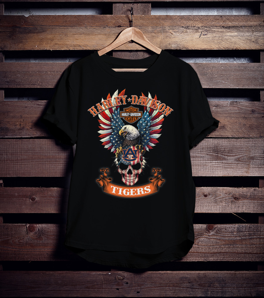 Harley Davidson Motor Cycles Auburn Tigers Bald Eagle Skull Usa Flag T-Shirt