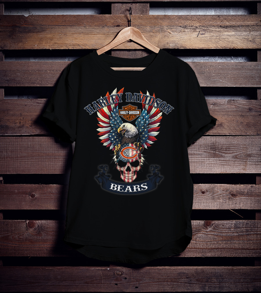 Harley Davidson Motor Cycles Chicago Bears Eagle Skull T-Shirt