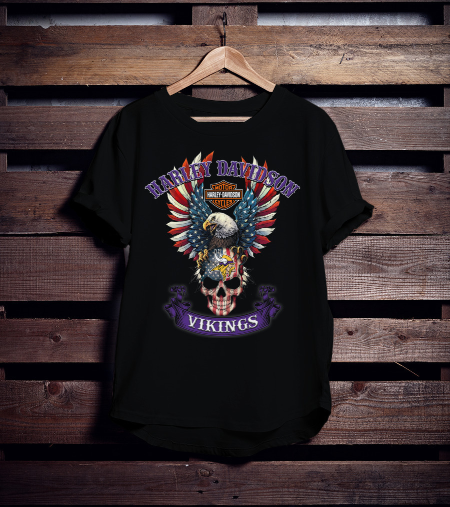 Harley Davidson Motor Cycles Vikings Nfl Bald Eagle Skull American Flag Feathers T-Shirt