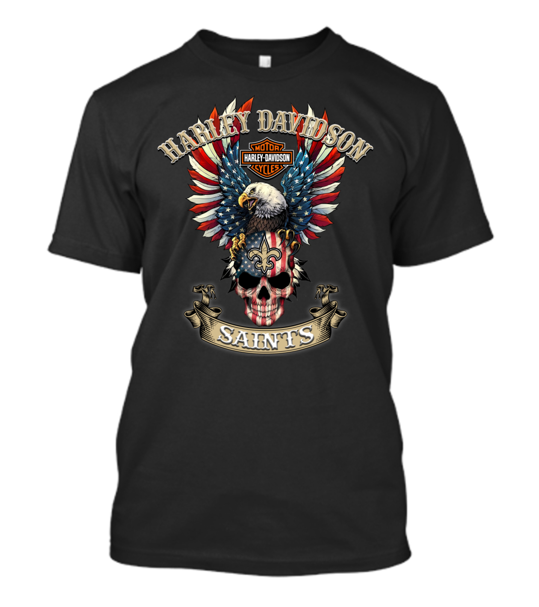 Harley Davidson Motor Cycles Eagle Skull American Flag Saints T-Shirt