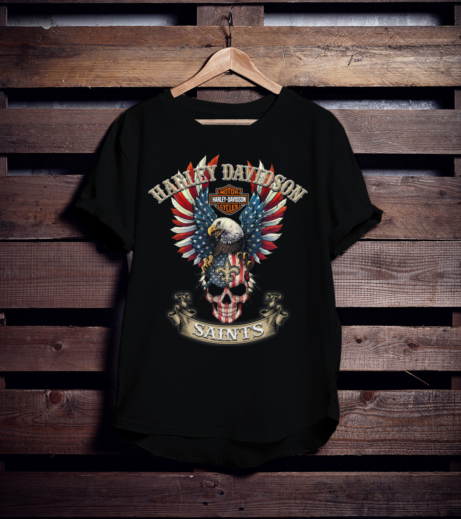 Harley Davidson Motor Cycles Eagle Skull American Flag Saints T-Shirt