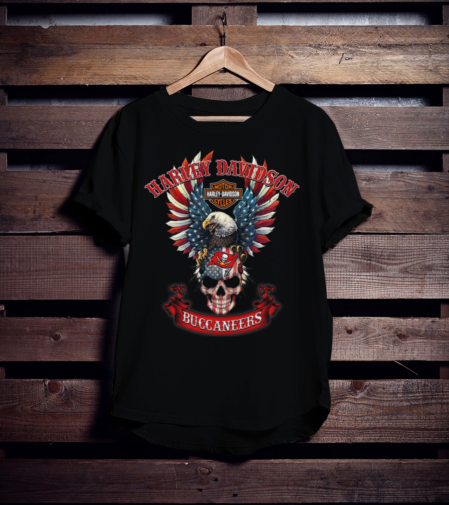 Harley Davidson Motor Cycles Buccaneers Bald Eagle American Flag Skull T-Shirt
