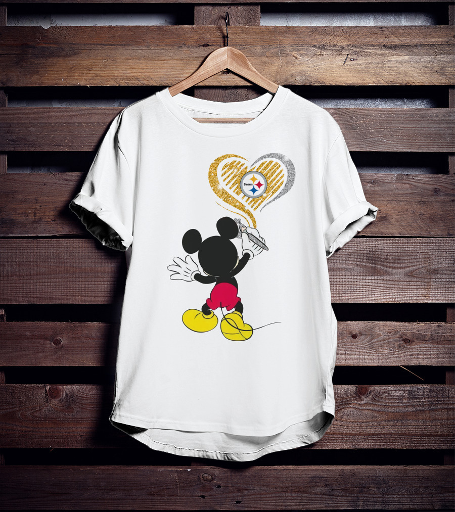 Mickey Mouse Drawing Heart With Pittsburgh Steelers T-Shirt