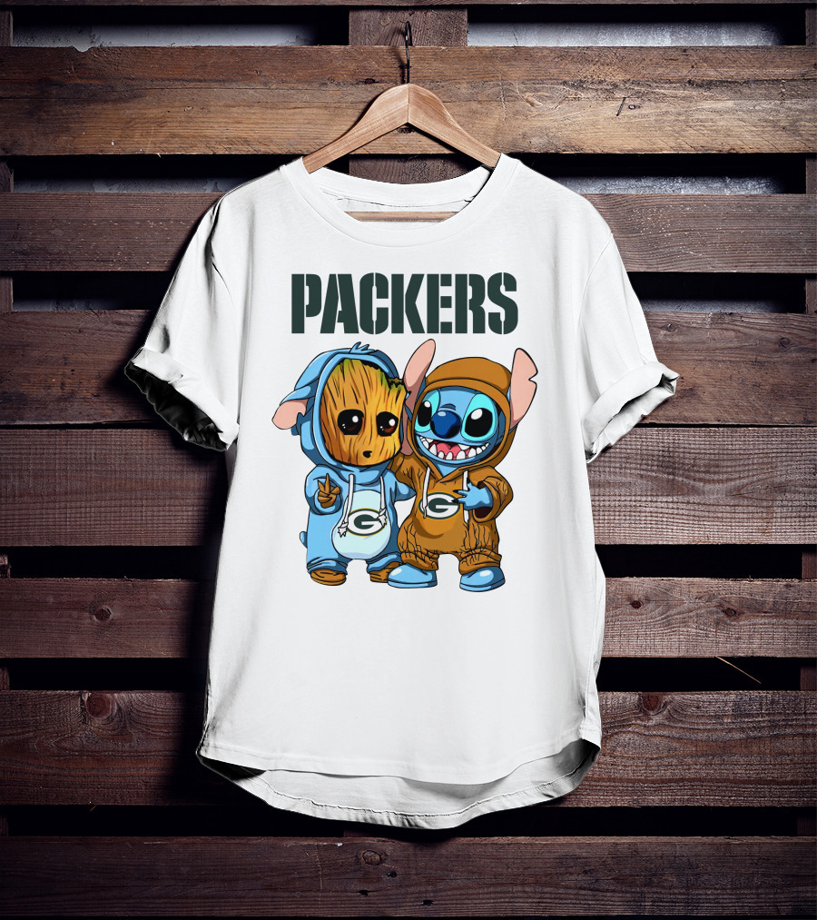 Packers Groot And Stitch Hug Wearing Green Bay Packers Hoodies T-Shirt