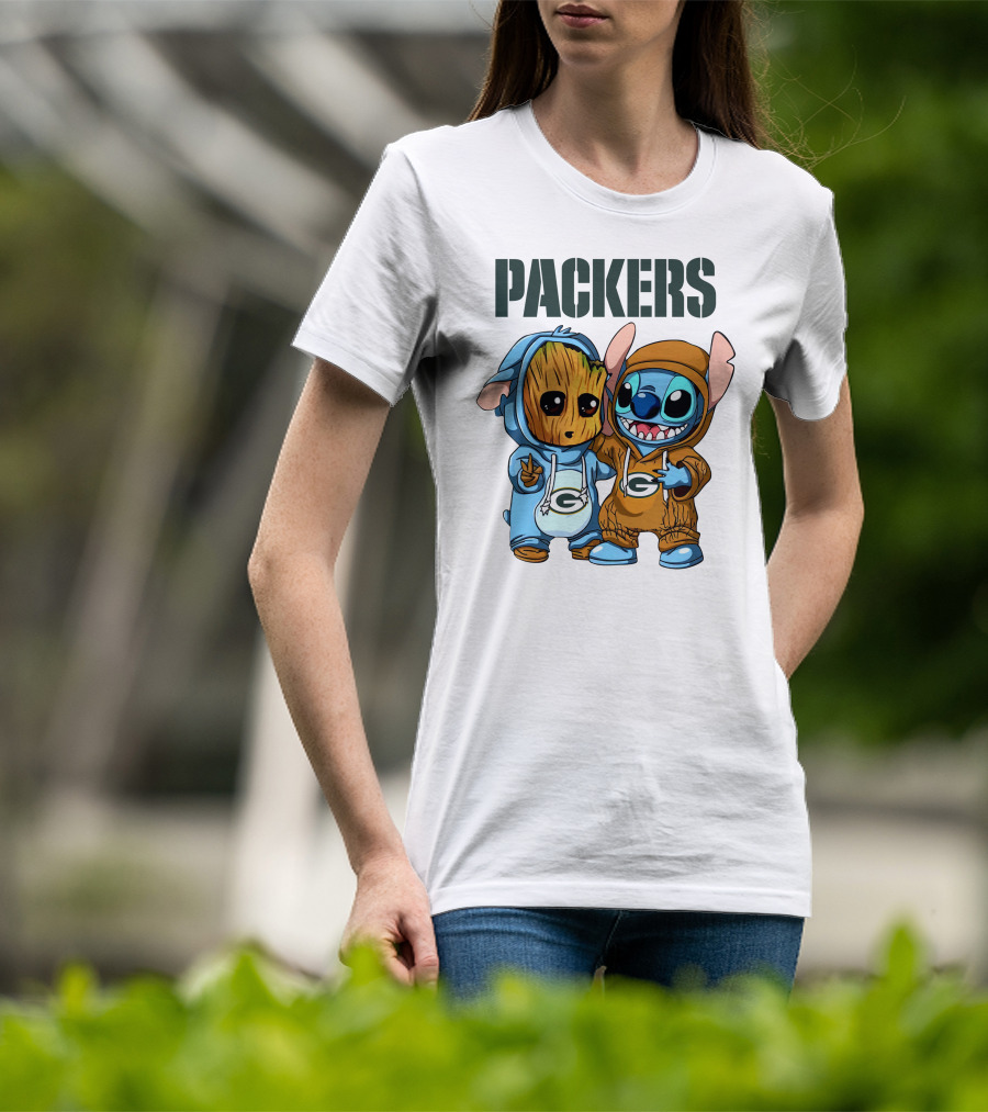 Packers Groot And Stitch Hug Wearing Green Bay Packers Hoodies T-Shirt
