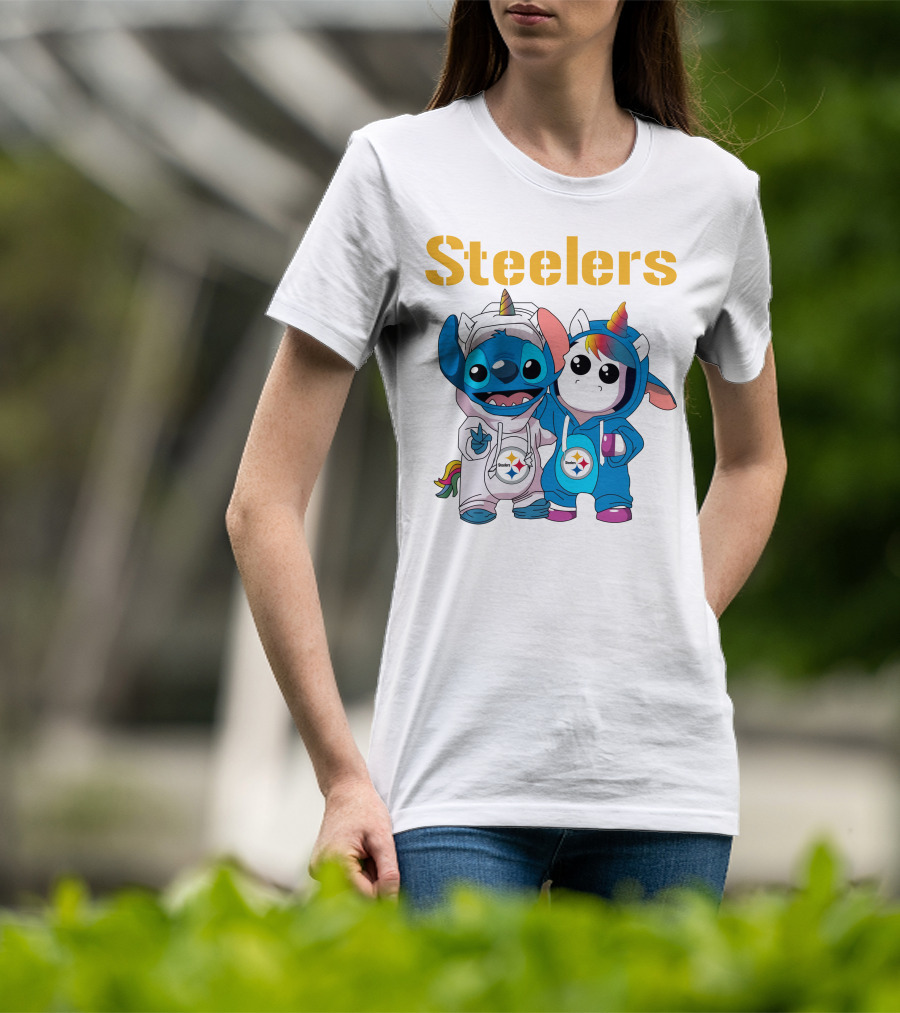 Steelers Stitch And Unicorn Duo With Rainbow Horns T-Shirt